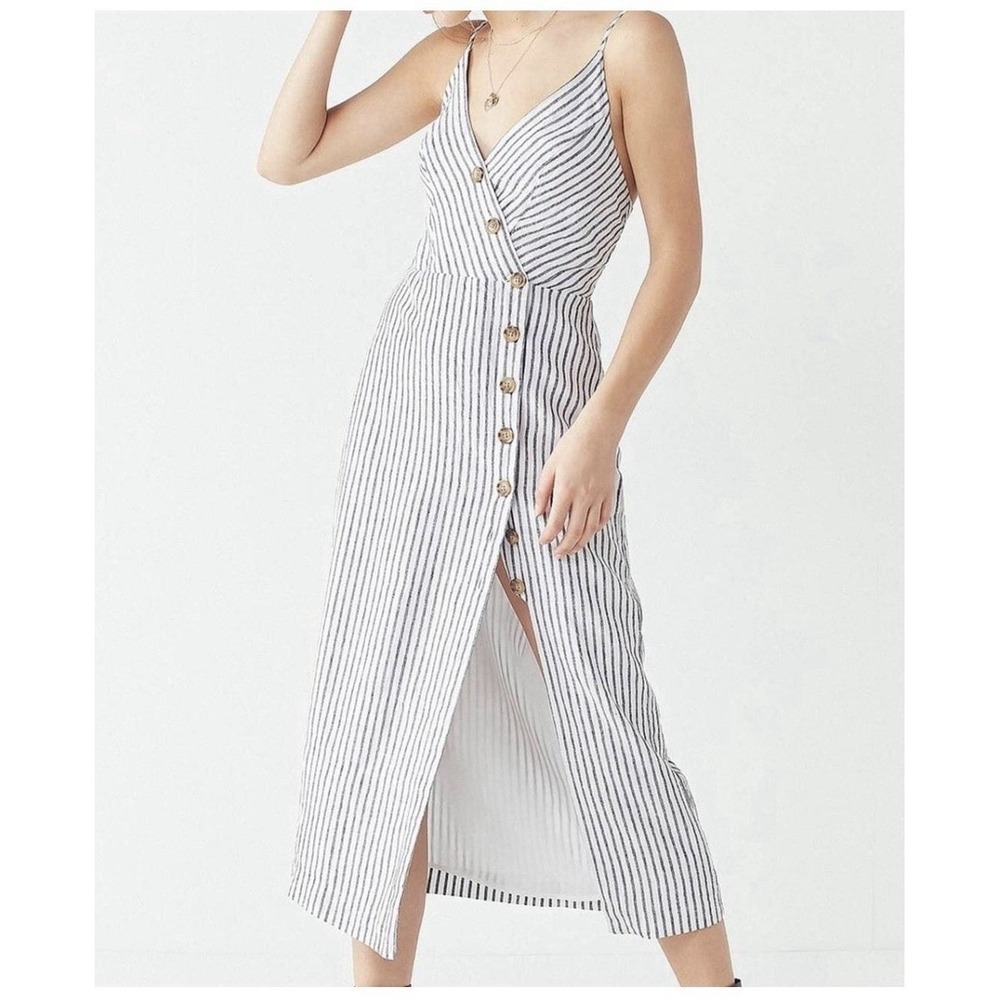 Urban‎ Outfitters Midi Dress Women XS White Blue Excellent Striped Linen Blend